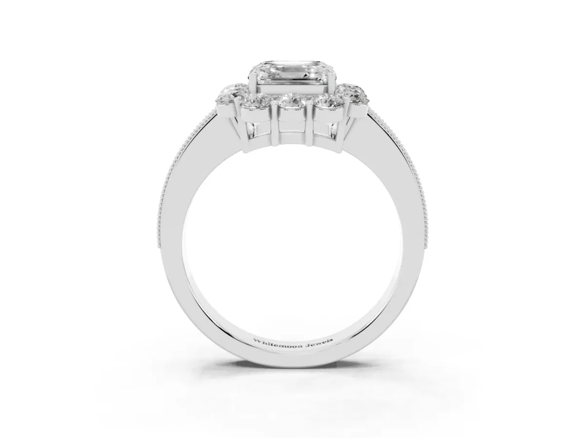 Asscher Cut Cut Halo Diamond Pavé Engagement Ring with Milgrain Detailing Platinum