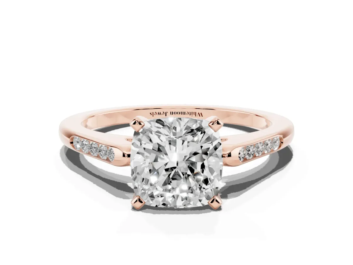 Cushion Cut Diamond Solitaire Ring with Channel Set Round Band and Prong Setting Rose gold