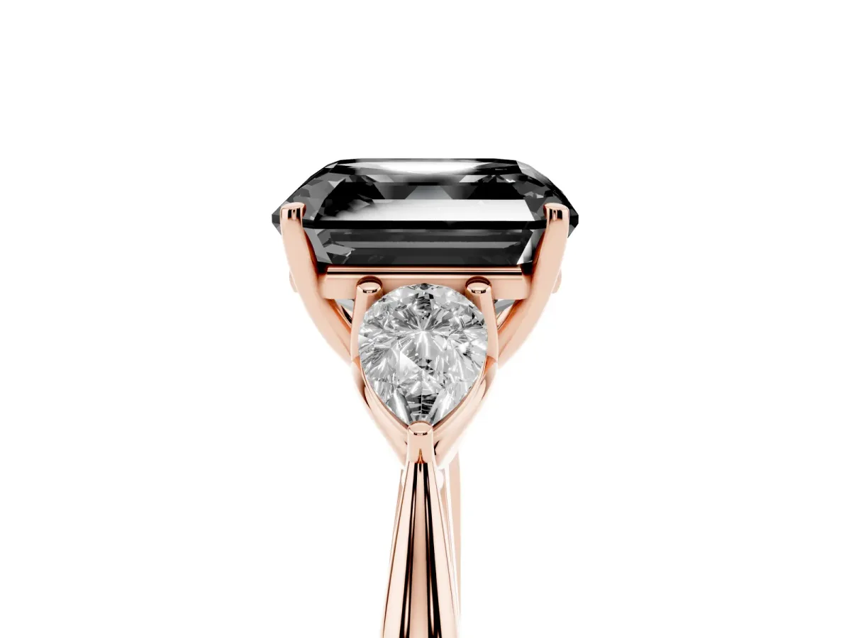 Fancy Black Asscher Cut Diamond Three-Stone Ring with Pear Side Stones and Prong Setting Rose gold