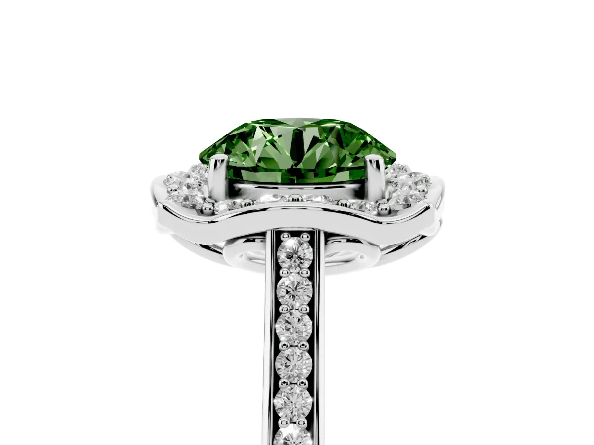 Fancy Green Round Cut Halo Round Diamond Pave Band with Four-Prong Setting Silver