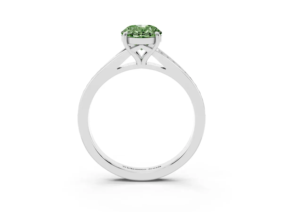 Fancy Green Oval Cut Diamond Solitaire Ring with Pavé Band and Prong Setting Silver