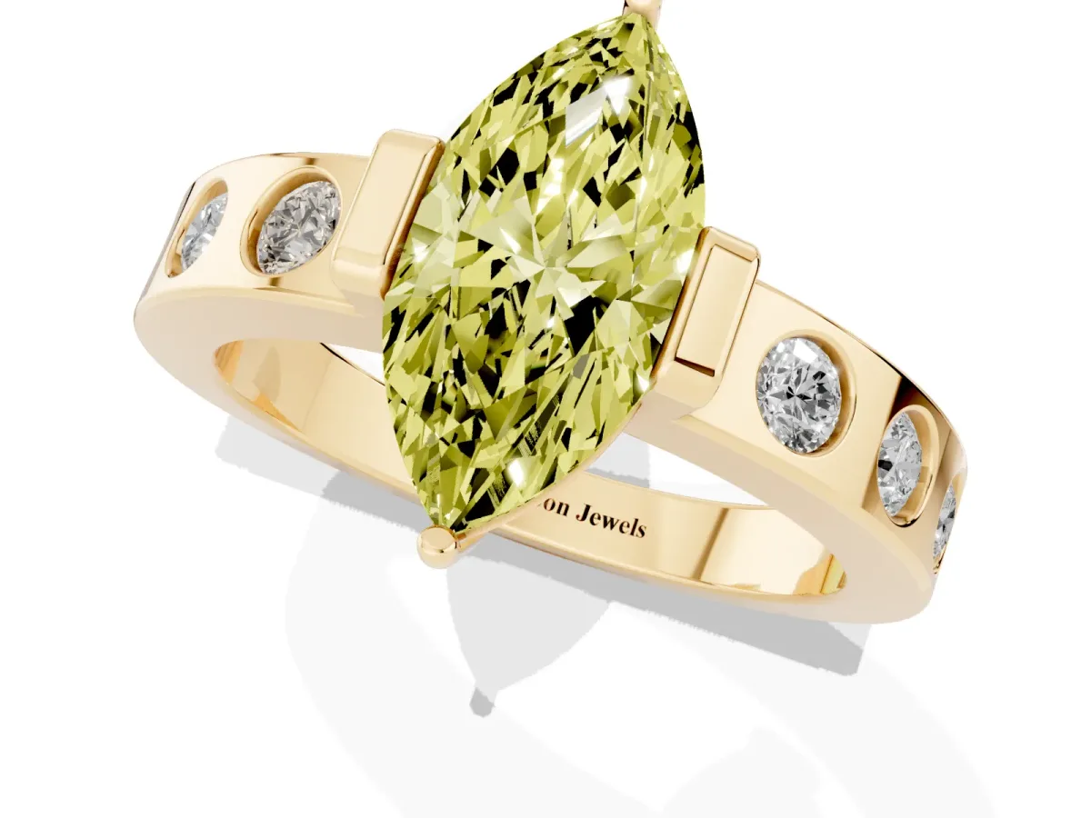 Fancy Yellow Marquise Cut Brilliant Channel-Set Diamond Ring with Bezel Prong Setting Yellow gold