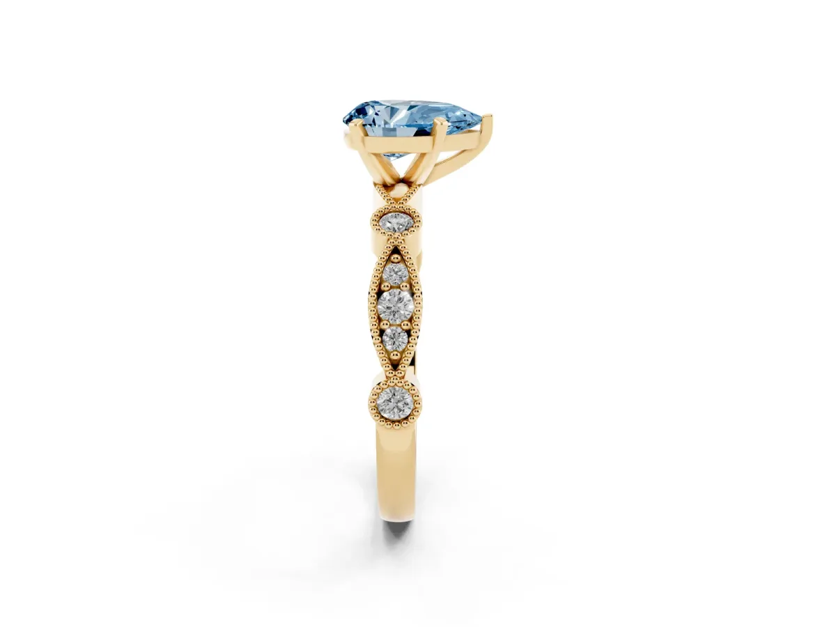 Fancy Blue Pear Cut Milgrain Bezel Diamond Engagement Ring with Solitaire Prong Setting Yellow gold