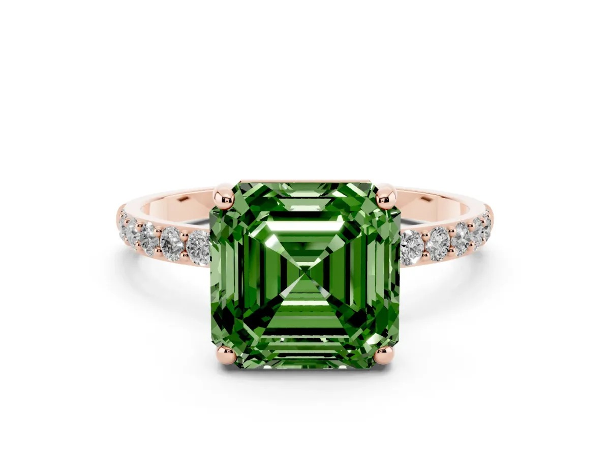 Fancy Green Asscher Cut Diamond Solitaire Ring with Round Pavé Band and Prong Setting Rose gold