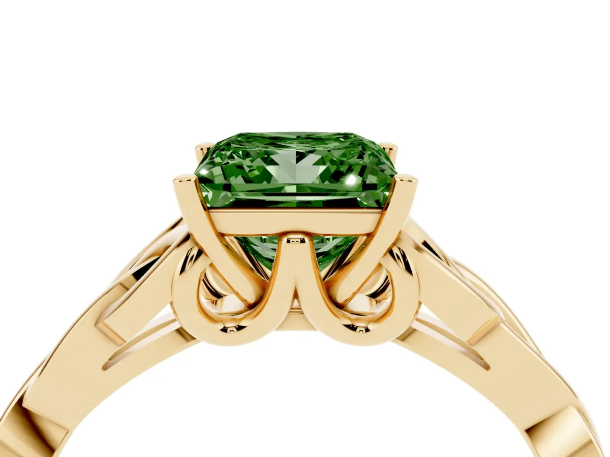 Fancy Green Princess Cut Diamond Solitaire Engagement Ring with Celtic Knot Band and Four-Prong Setting Yellow gold