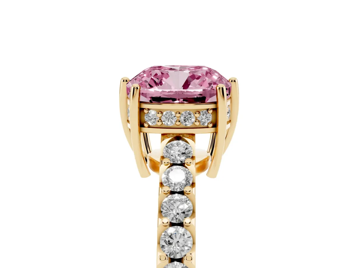 Fancy Pink Cushion Cut Solitaire Diamond Engagement Ring with Pavé Band and Six-Prong Setting Yellow gold