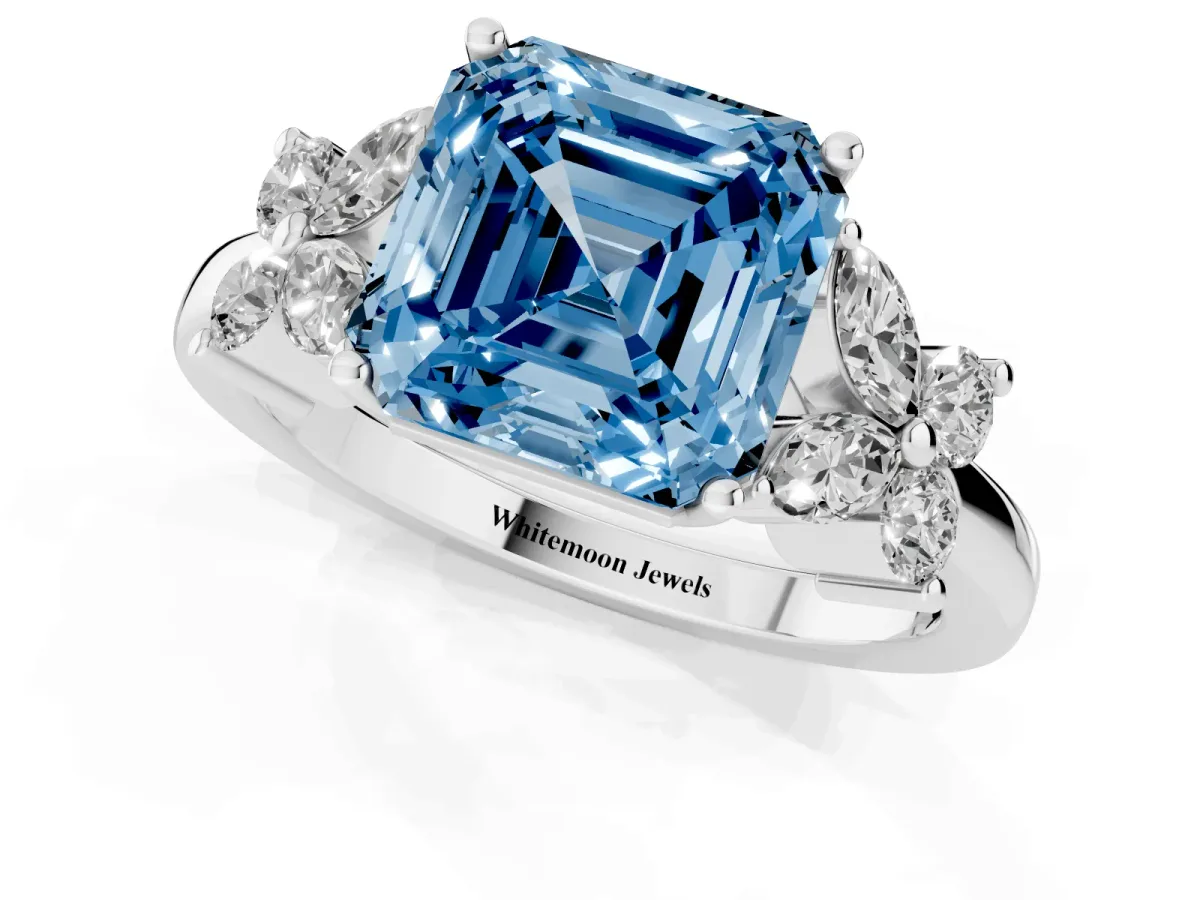 Fancy Blue Asscher Cut Diamond Floral Cluster Ring with Solitaire Band and Prong Setting Platinum