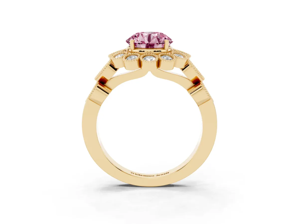 Fancy Pink Round Cut Brilliant Milgrain Pave Heart Band Solitaire Ring Yellow gold