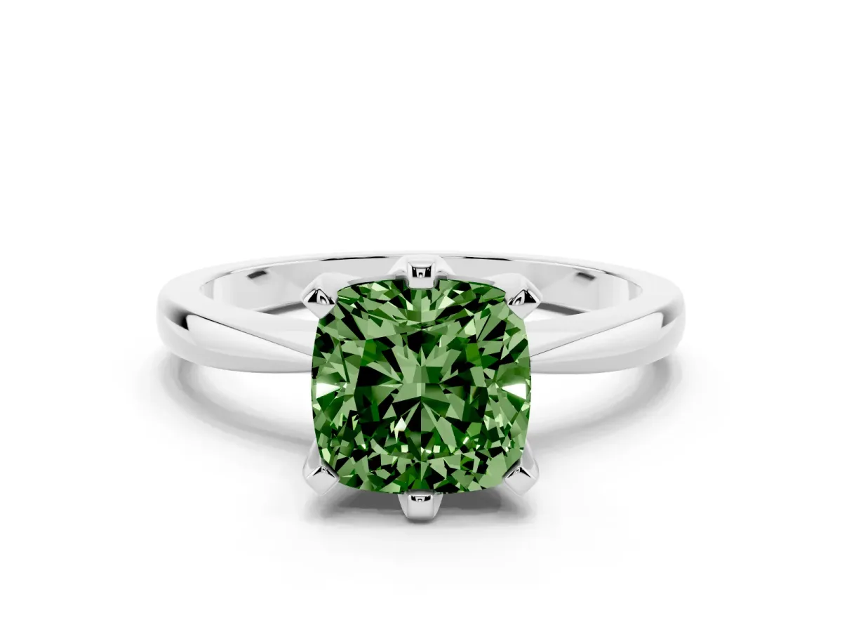Fancy Green Cushion Cut Solitaire Engagement Ring with Six-Prong Setting and Tapered Band Platinum