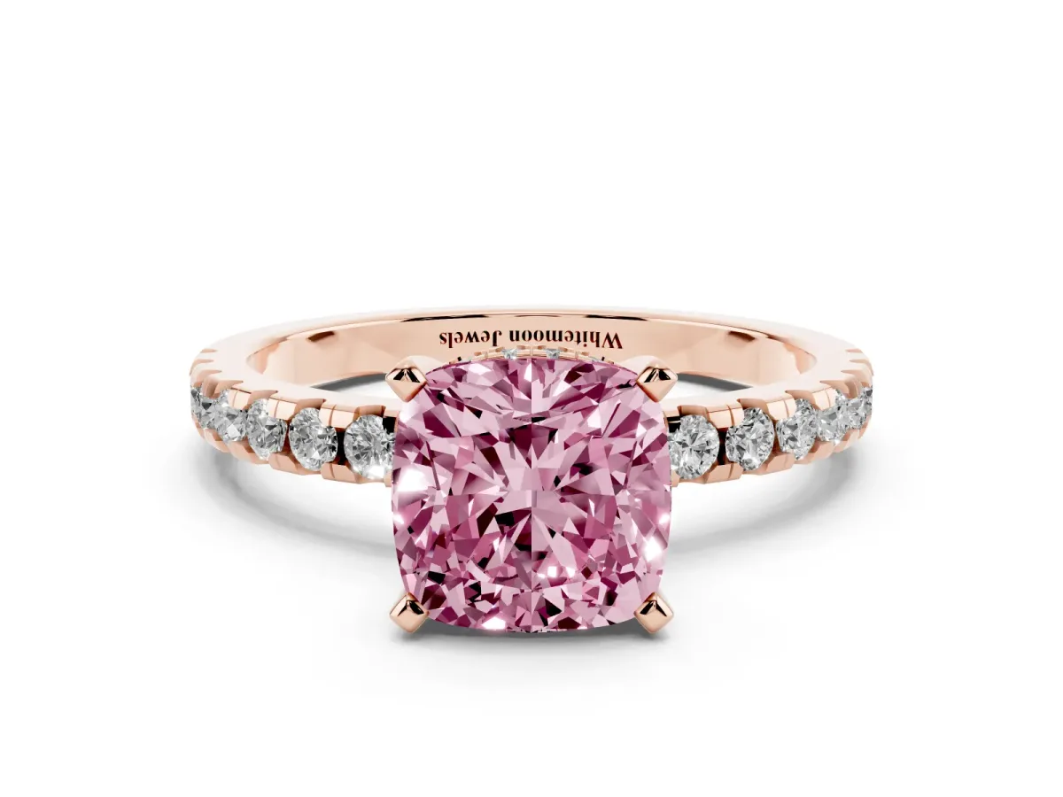 Fancy Pink Cushion Cut Diamond Solitaire Ring with Round Pavé Band and Four-Prong Setting Rose gold