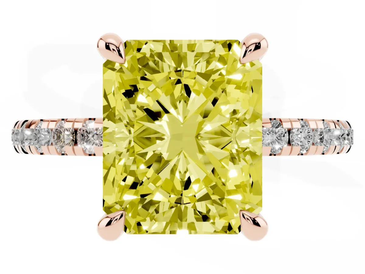 Fancy Yellow Radiant Cut Diamond Brilliant Solitaire Ring with Pavé Band and Four-Prong Setting Rose gold