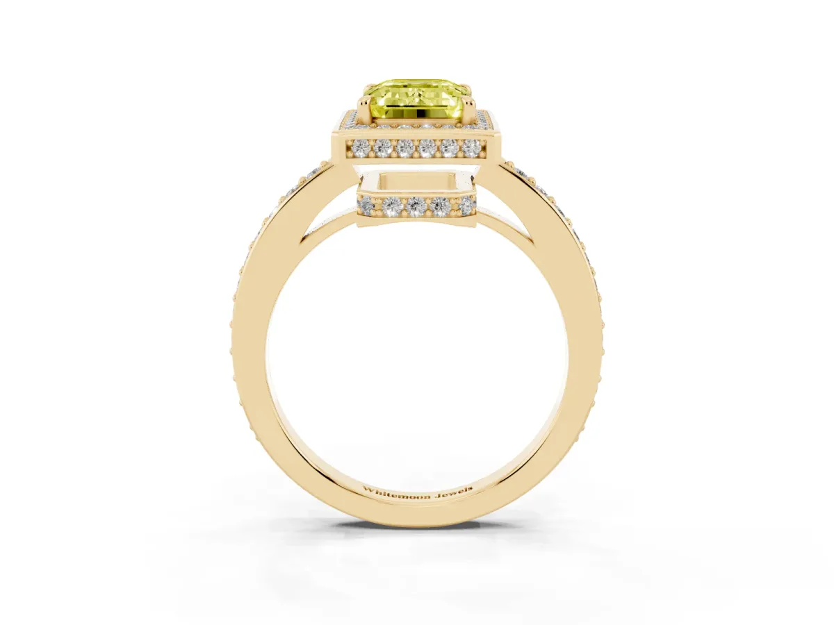 Fancy Yellow Emerald Cut Halo Pave Band Solitaire Ring with Prong Setting Yellow gold