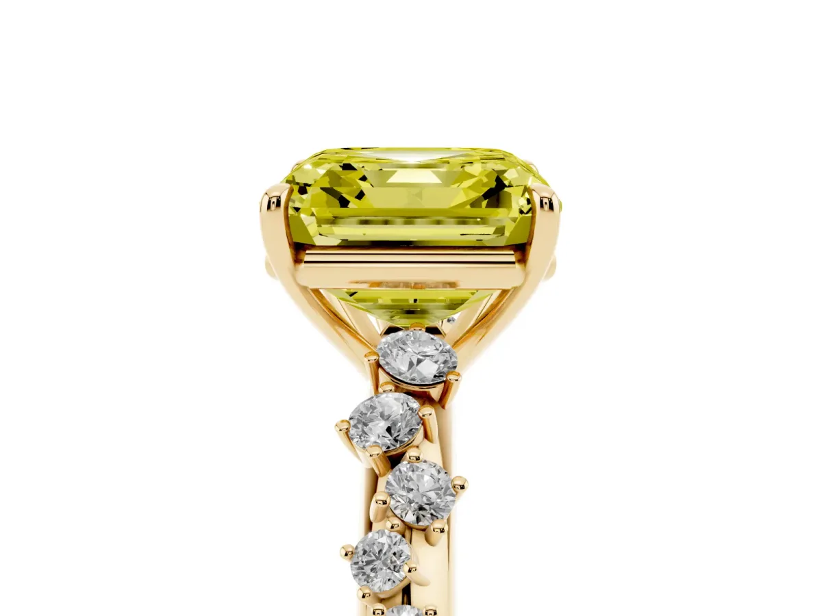 Fancy Yellow Asscher Cut Diamond Cluster Side Stone Solitaire Ring with Prong Setting Yellow gold