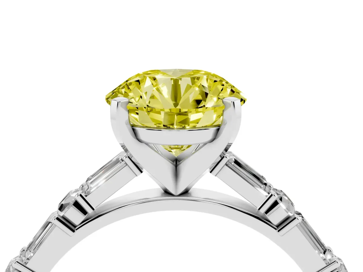 Fancy Yellow Round Cut Diamond Solitaire with Side Baguettes and Channel Set Band Platinum