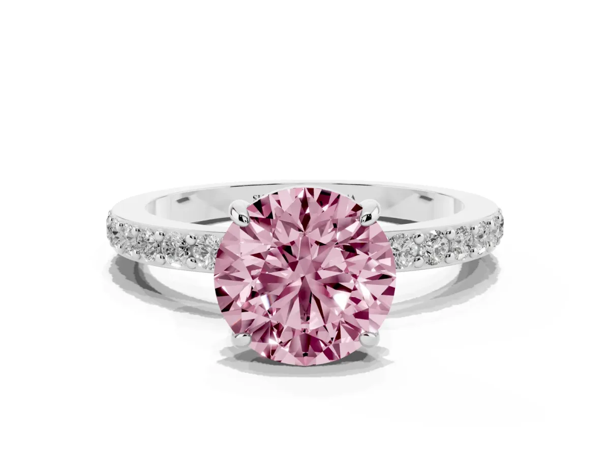 Fancy Pink Round Cut Diamond Pavé Engagement Ring with Round Accents and Prong Setting Silver