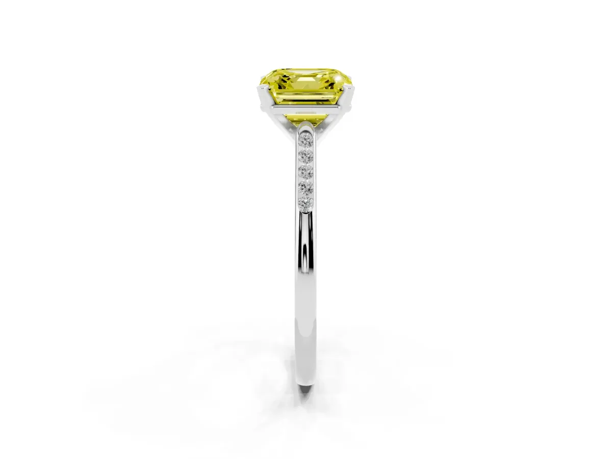 Fancy Yellow Asscher Cut Diamond Solitaire Ring with Channel Set Round Band and Prong Setting Silver