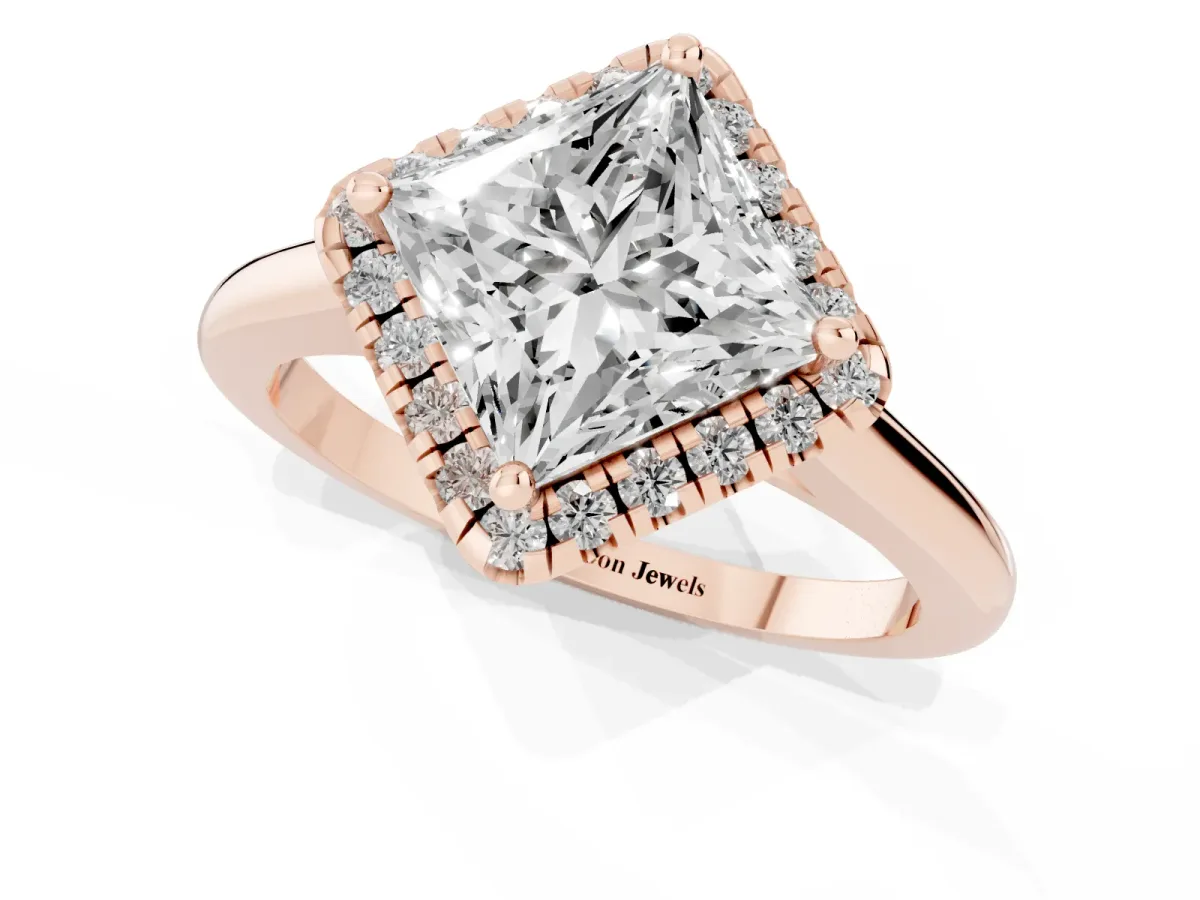 Princess Cut Halo Round Diamond Solitaire Engagement Ring with Pave Band and Four-Prong Setting Rose gold