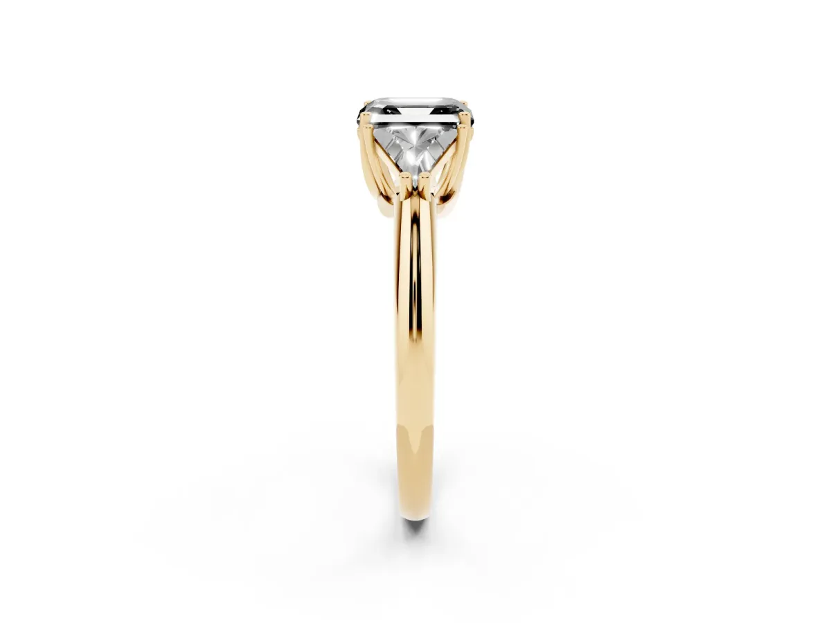 Fancy Black Three-Stone Asscher Cut Diamond Engagement Ring with Trillion Side Stones and Prong Setting Yellow gold