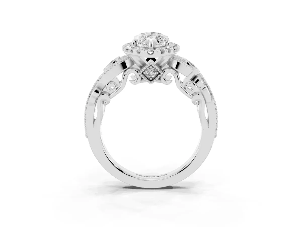 Marquise Cut Halo Diamond Ring with Milgrain and Bezel Accents on a Split Shank Band White gold