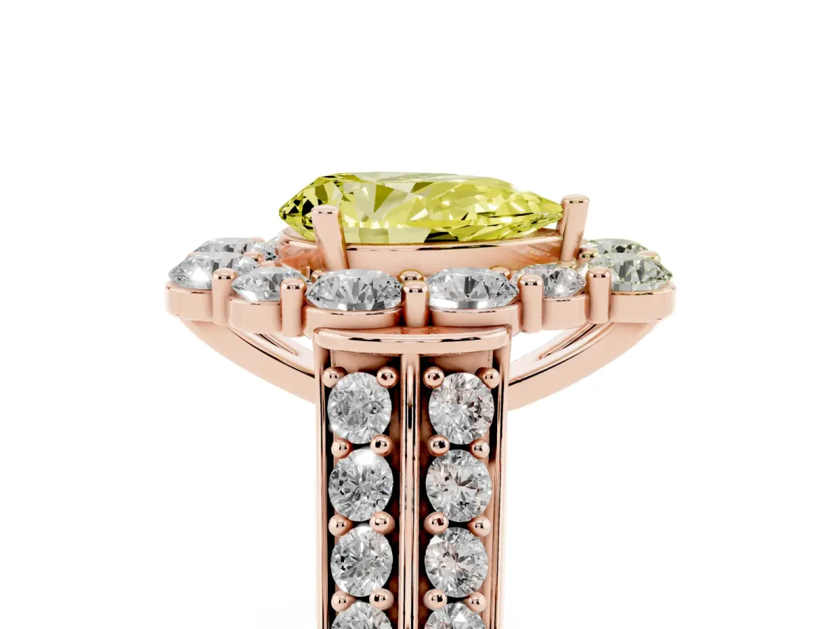 Fancy Yellow Pear Cut Halo Diamond Engagement Ring with Split Shank and Prong Setting Rose gold
