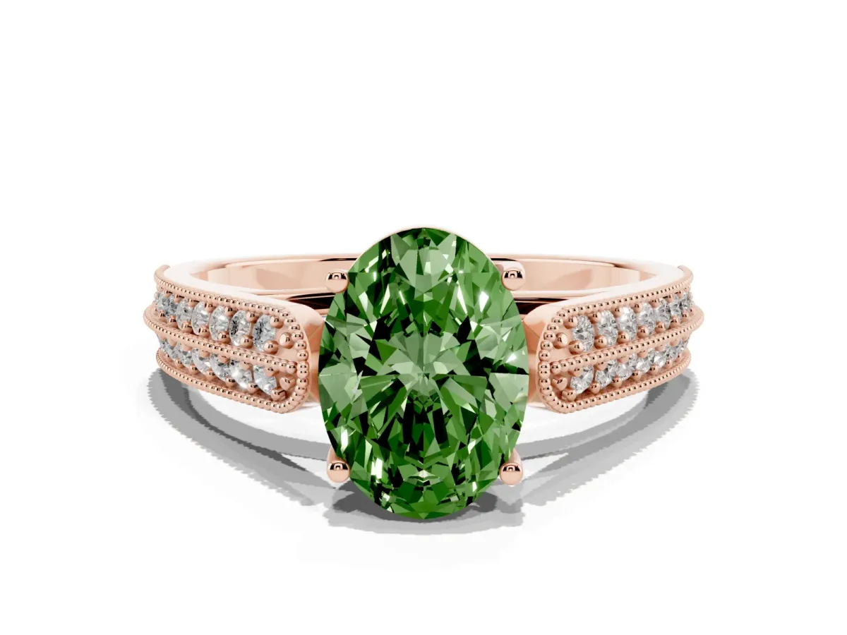 Fancy Green Oval Cut Cut Pave Split Shank Engagement Ring with Four-Prong Setting Rose gold