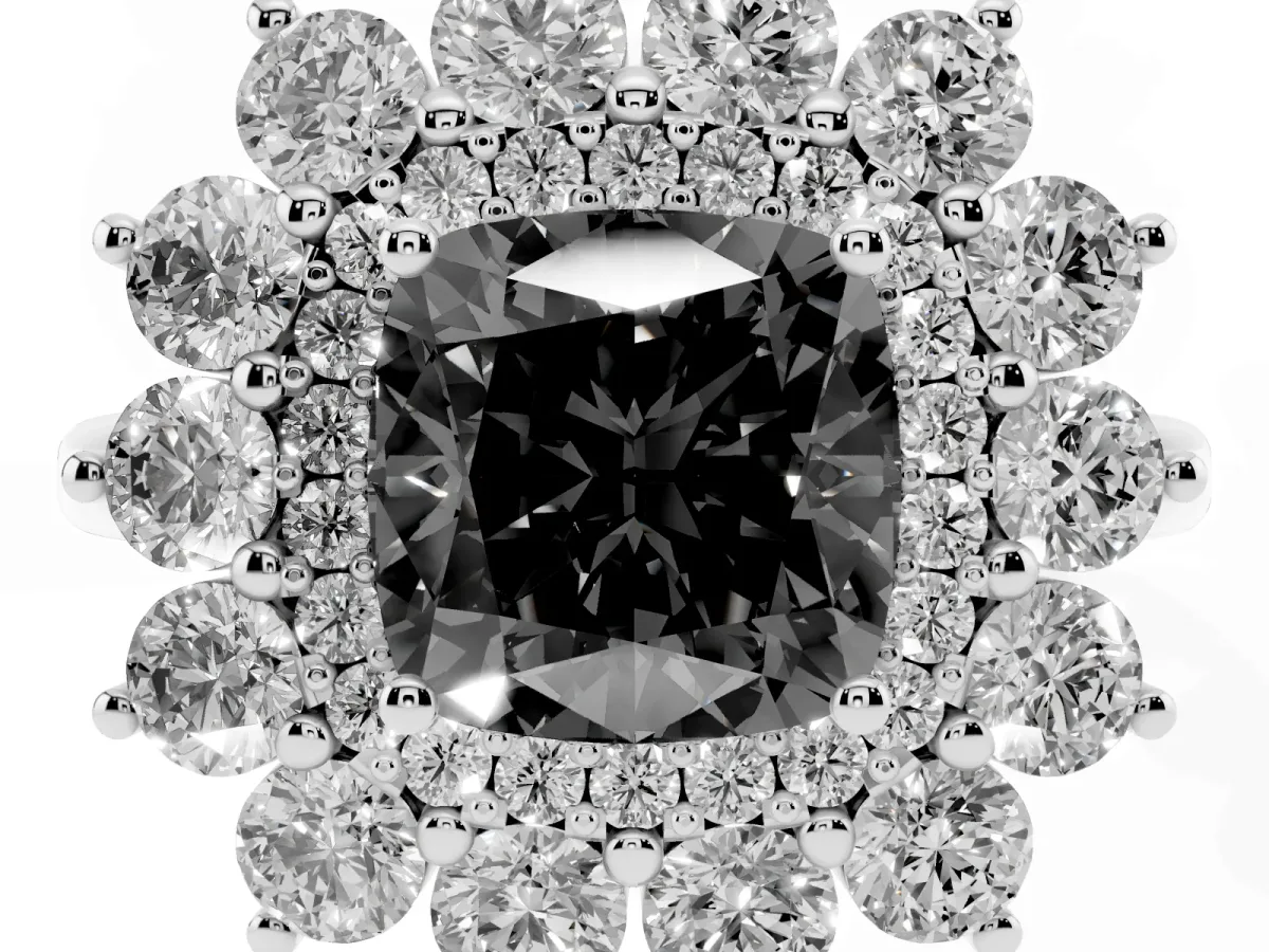 Fancy Black Cushion Cut Diamond Floral Double Halo Engagement Ring with Prong Setting Silver