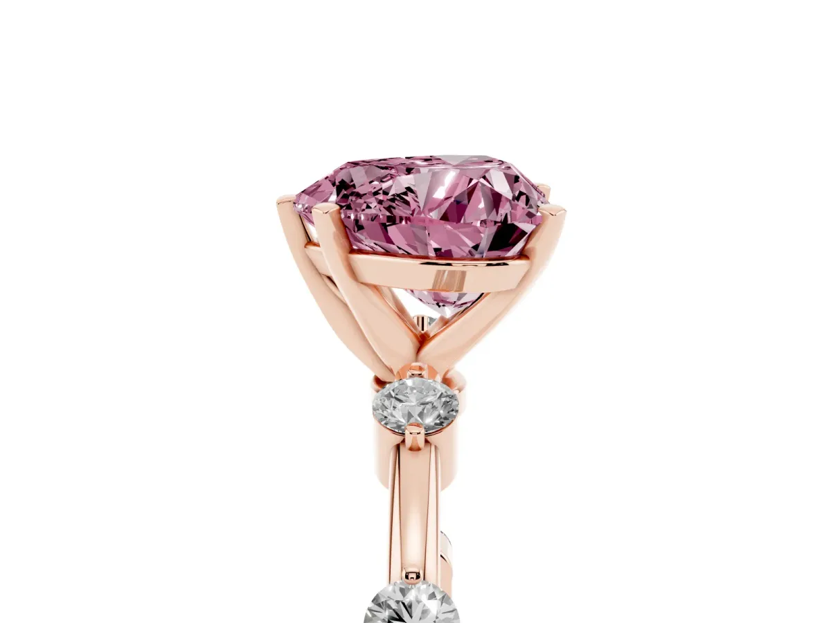 Fancy Pink Heart Cut Solitaire Diamond Ring with Bezel Set Side Stones and Prong Setting Rose gold