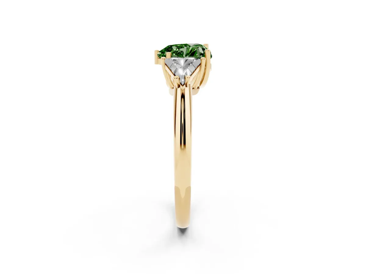 Fancy Green Three-Stone Heart Cut Diamond Engagement Ring with Trillion Side Stones and Prong Setting Yellow gold