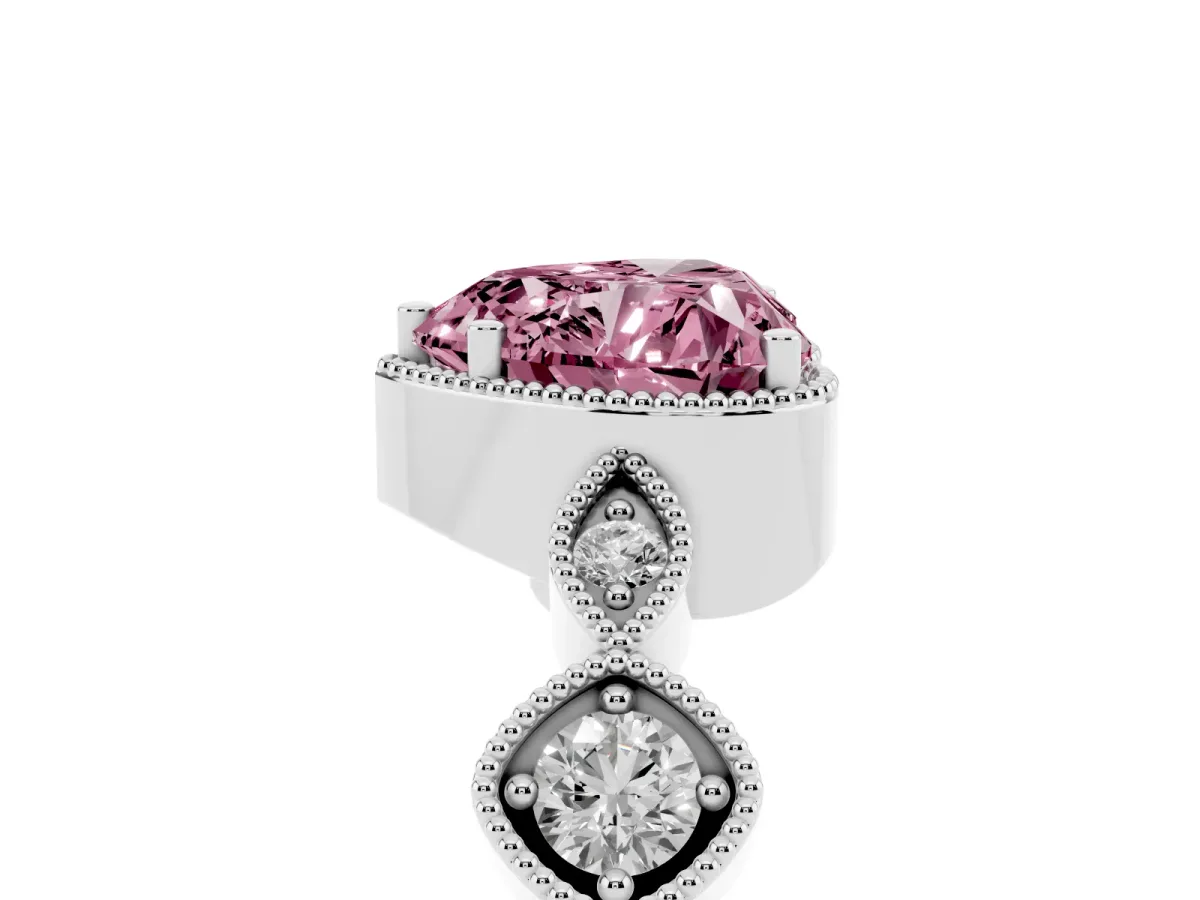 Fancy Pink Heart Cut Diamond Vintage Milgrain Ring with Round Stations Silver