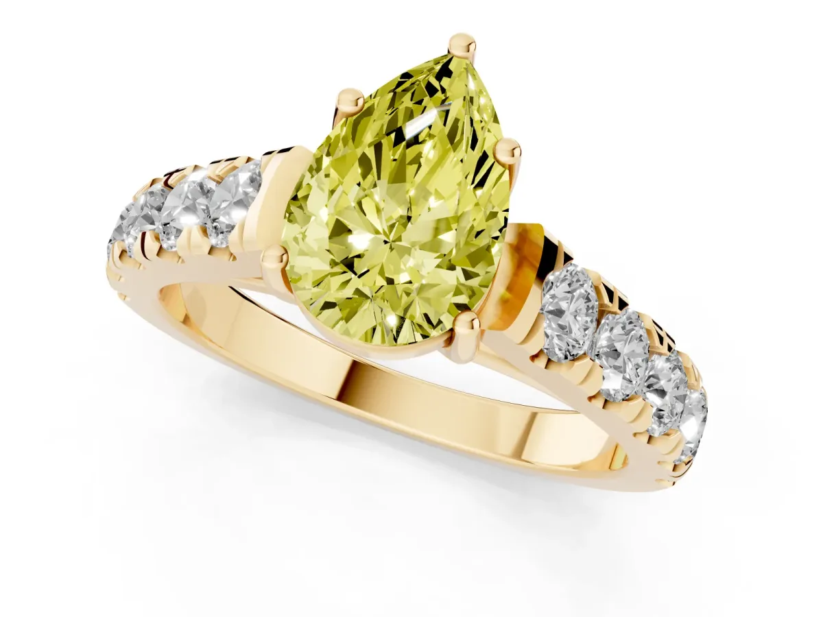 Fancy Yellow Pear Cut Cut Diamond Solitaire Ring with Micro Pave Band and Prong Setting Yellow gold