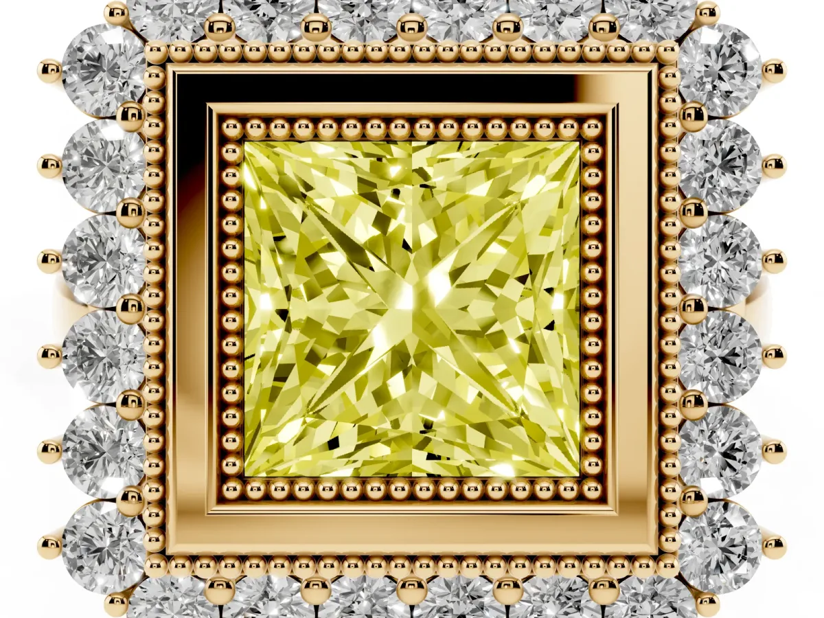 Fancy Yellow Princess Cut Halo Diamond Ring with Milgrain Edge and Round Prong Setting Yellow gold