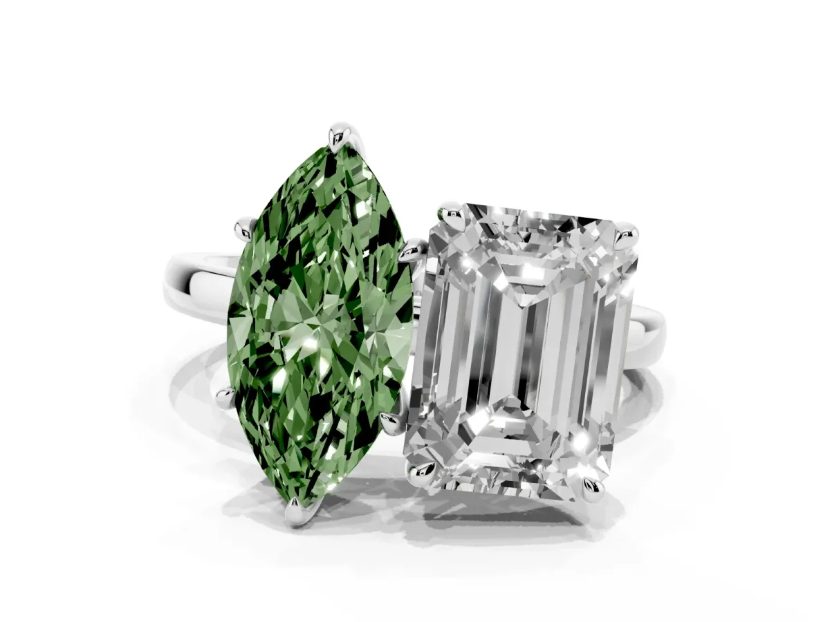 Fancy Green Marquise Cut and Emerald Cut Toi Moi Ring with Prong Setting Silver