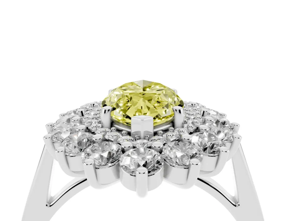 Fancy Yellow Marquise Cut Diamond Floral Double Halo Engagement Ring with Prong Setting Platinum