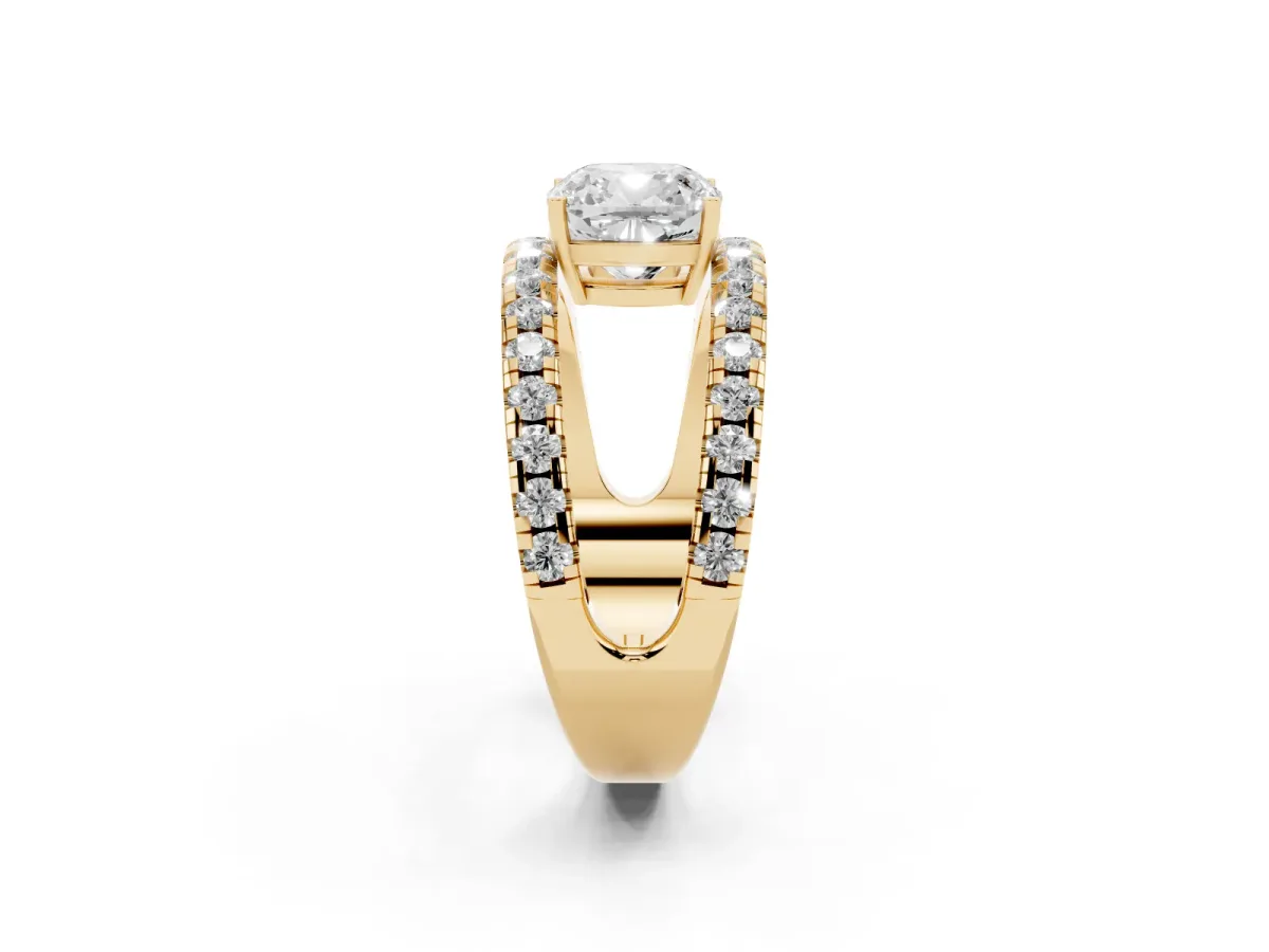 Cushion Cut Solitaire Split Shank Pave Diamond Ring Yellow gold