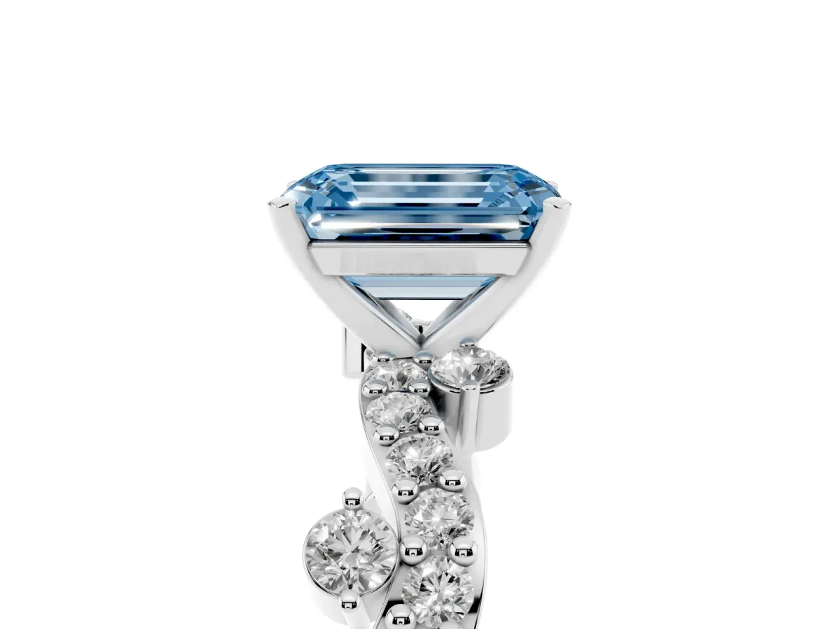 Fancy Blue Emerald Cut Cut Solitaire Diamond Twisted Band with Pave Setting White gold