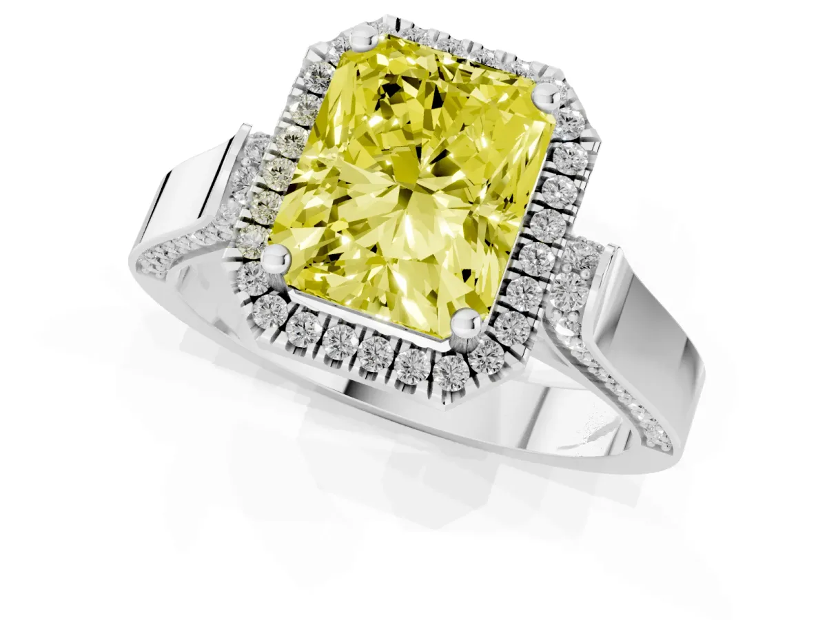 Fancy Yellow Radiant Cut Halo Pave Split Shank Prong Setting Ring Silver