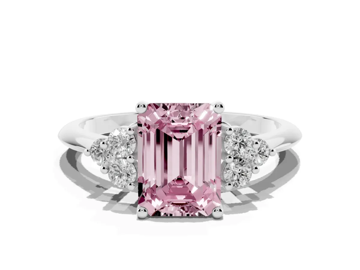 Fancy Pink Emerald Cut Cut Diamond Cluster Ring with Solitaire Band and Four-Prong Setting Silver