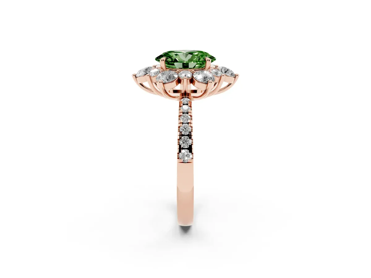 Fancy Green Oval Cut Diamond Floral Halo Ring with Round Pavé Band and Prong Setting Rose gold