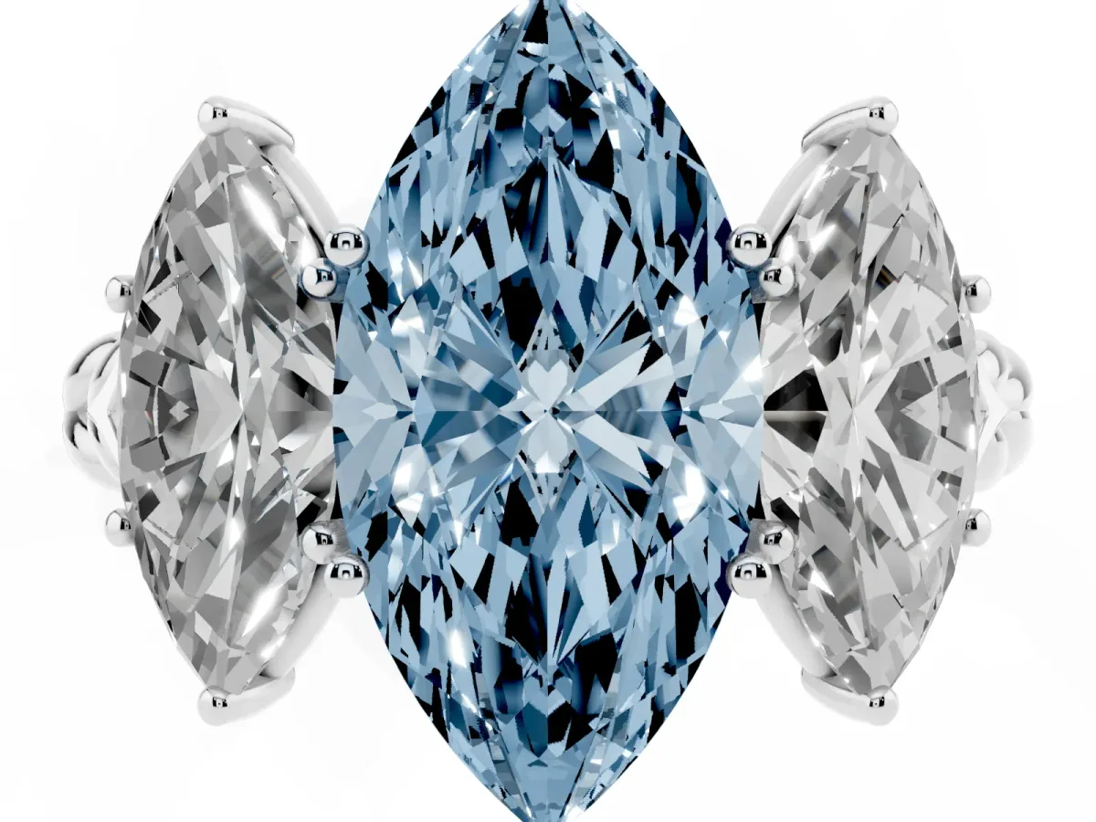 Fancy Blue Three-Stone Marquise Cut Diamond Braided Band Ring with Four-Prong Setting Platinum