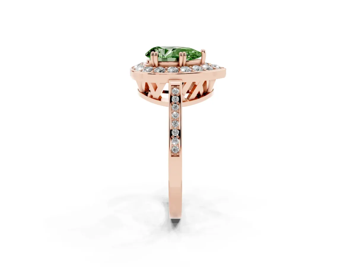 Fancy Green Pear Cut Diamond Halo Ring with Split Shank and Four-Prong Setting Rose gold