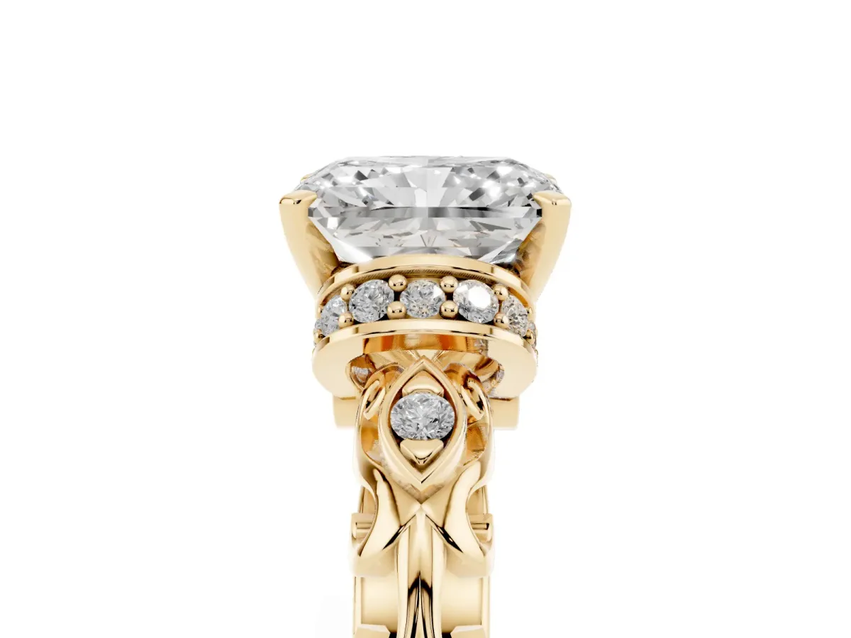 Radiant Cut Diamond Solitaire Ring with Filigree Band and Four-Prong Setting Yellow gold