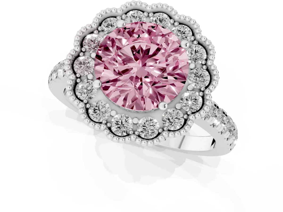 Fancy Pink Round Cut Cut Diamond Milgrain Floral Halo Engagement Ring with Pavé Band Silver
