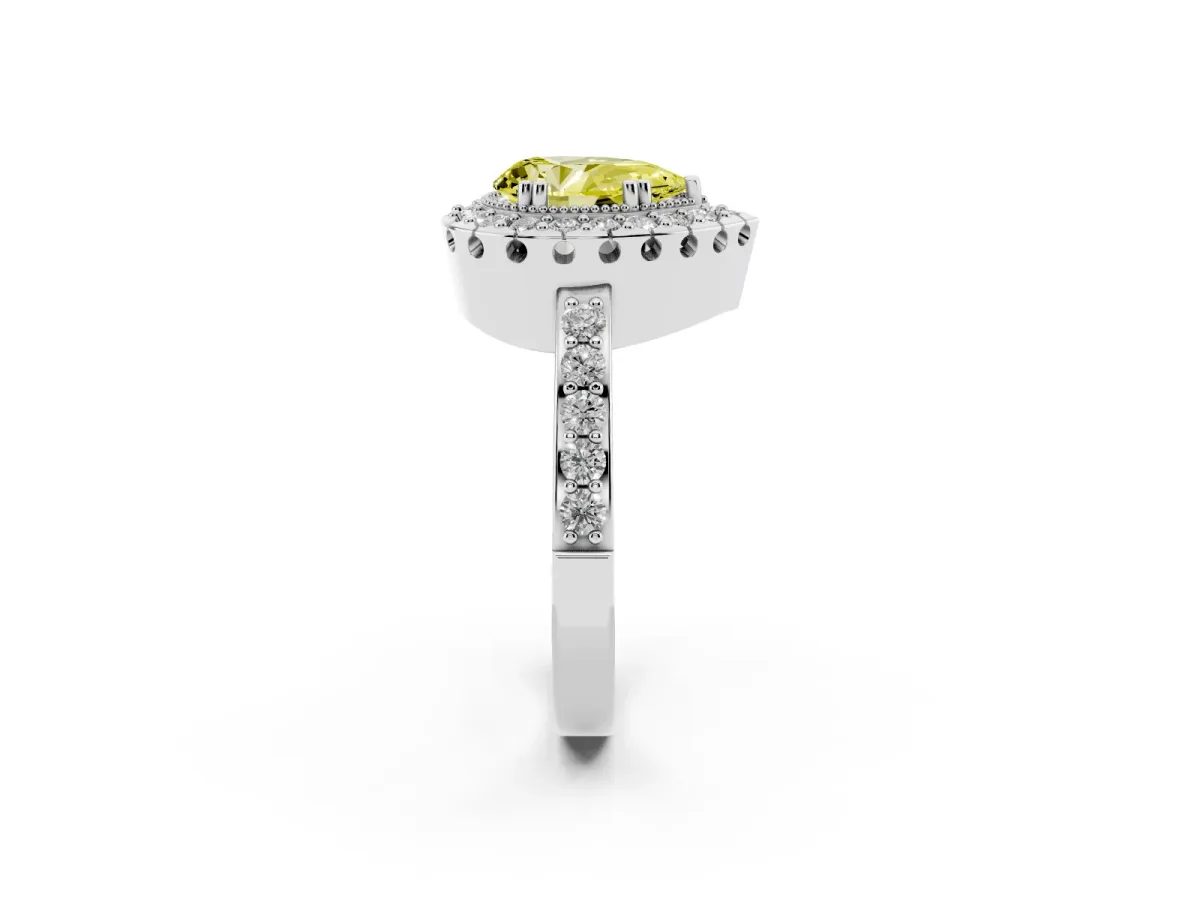 Fancy Yellow Pear Cut Diamond Halo Ring with Pavé Band and Prong Setting Platinum