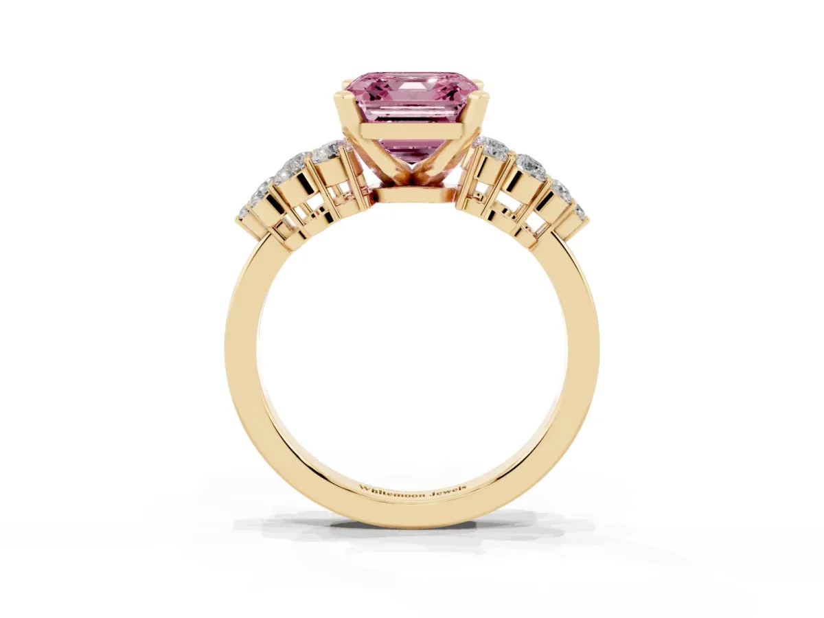 Fancy Pink Asscher Cut Cluster Diamond Engagement Ring with Pavé Band and Four-Prong Setting Yellow gold
