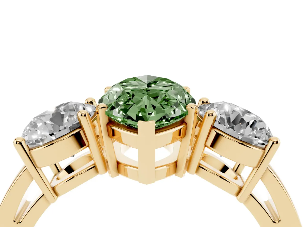 Fancy Green Three-Stone Marquise Cut Diamond Ring with Round Side Stones, Classic Band, and Four-Prong Setting Yellow gold