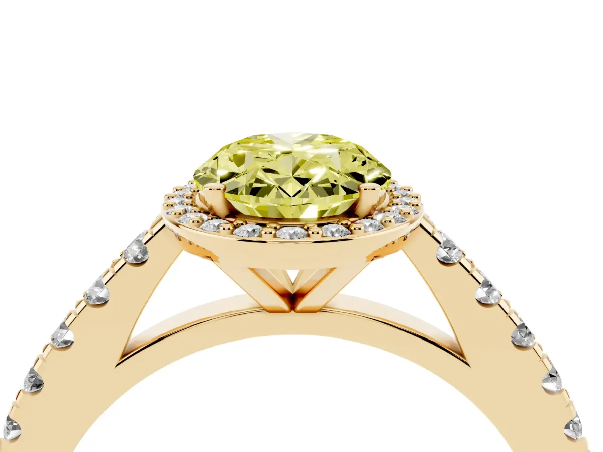 Fancy Yellow Oval Cut Cut Halo Diamond Engagement Ring with Pave Band and Four-Prong Setting Yellow gold
