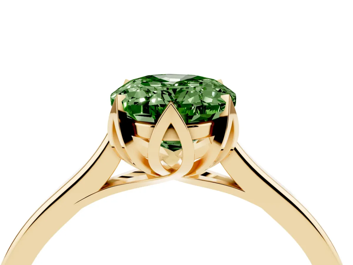 Fancy Green Oval Cut Diamond Solitaire Ring with Flower Prong Setting and Classic Band Yellow gold