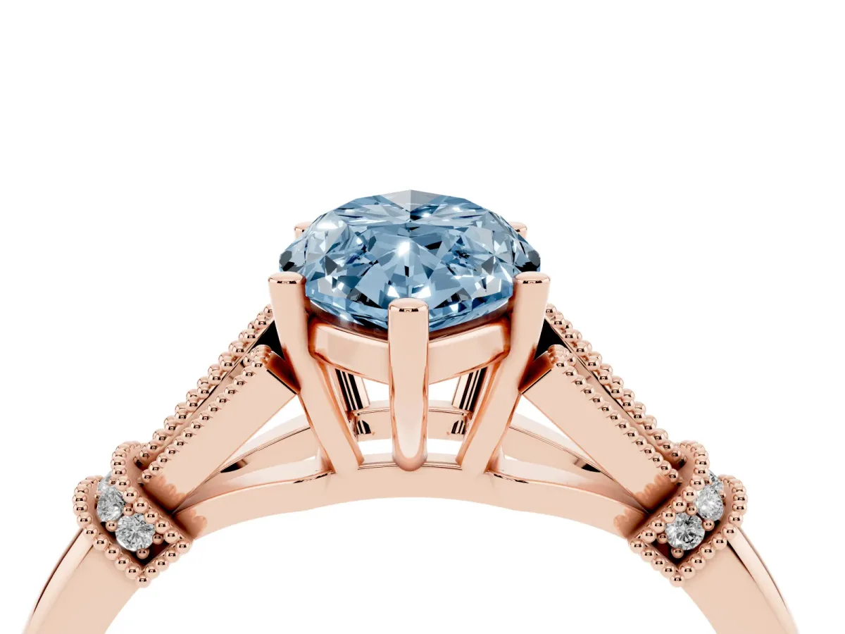 Fancy Blue Marquise Cut Diamond Solitaire Ring with Floral Filigree and Pave Accents Rose gold