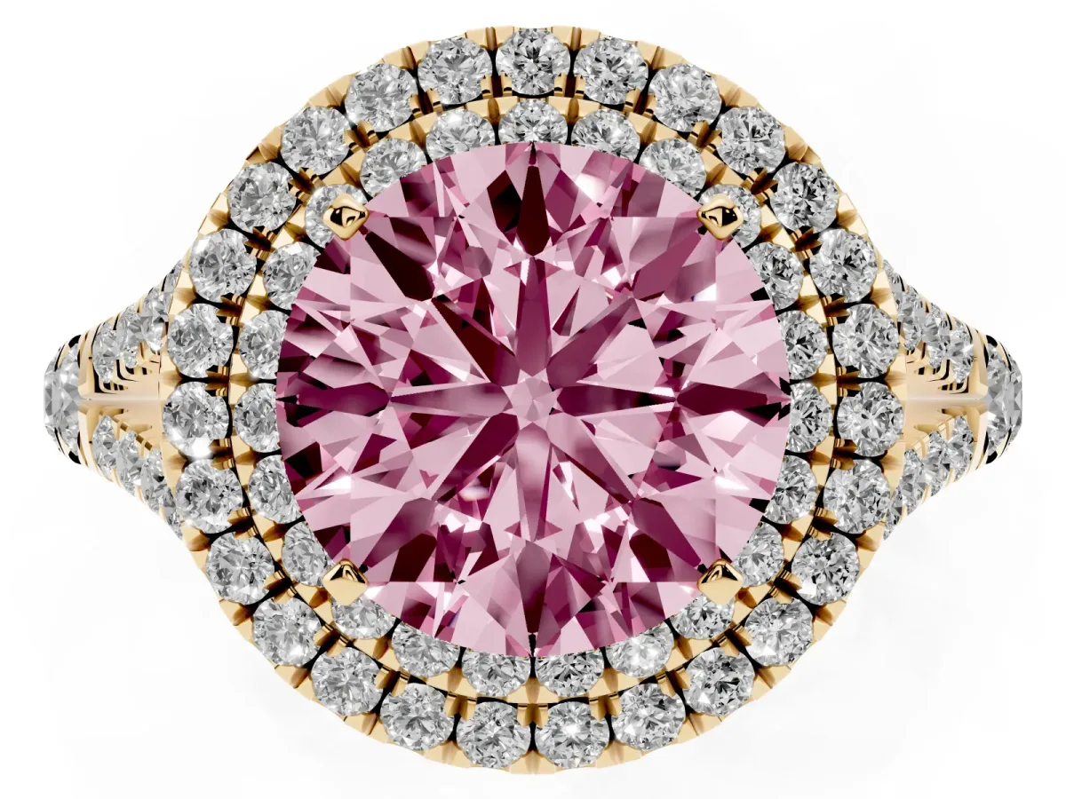 Fancy Pink Round Cut Diamond Double Halo Ring with Split Shank and Prong Setting Yellow gold
