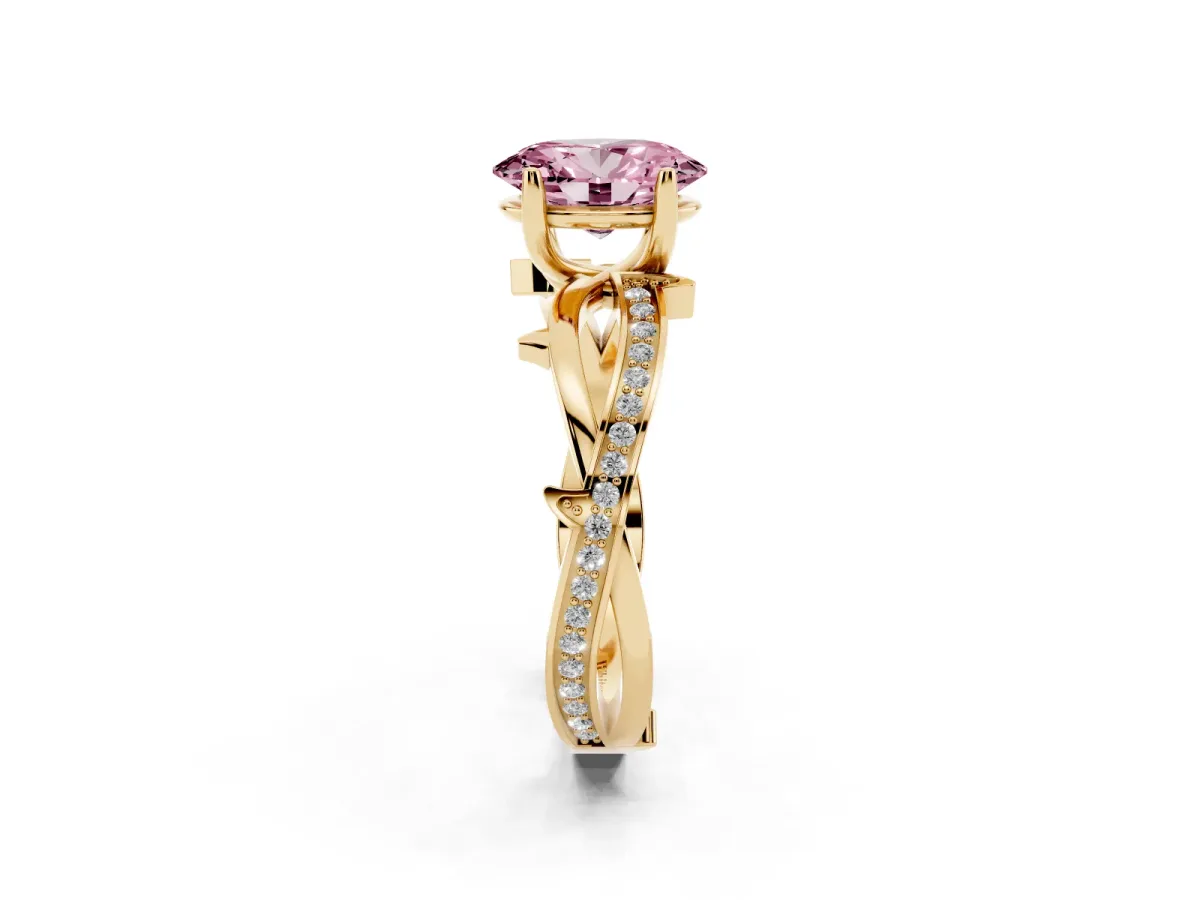 Fancy Pink Oval Cut Solitaire Twist Band with Pavé Accents and Four-Prong Setting Yellow gold